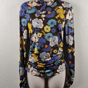 Zara Floral Ruched Mock Neck Top Long Sleeve Retro Print Brown Blue Yellow Large